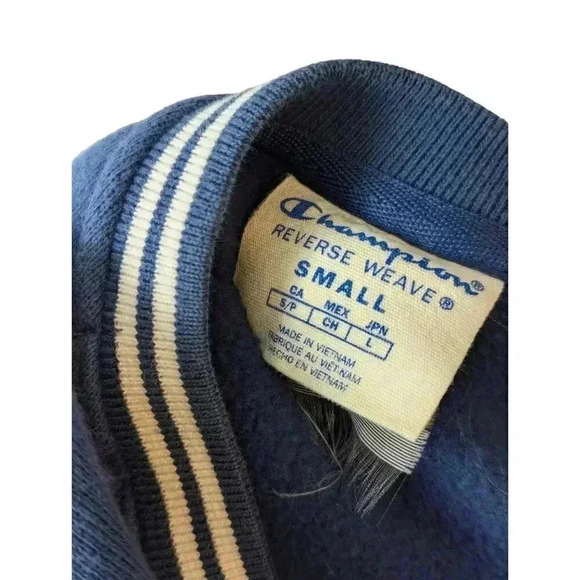Vintage Champion Logo 2 Tone Blue Crew Neck Sweatshirt Front Pocket Small - Picture 8 of 9